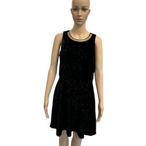 Michael Kors Black Velvet Burnout Dress Beaded Neckline Flare Skirt Size 6